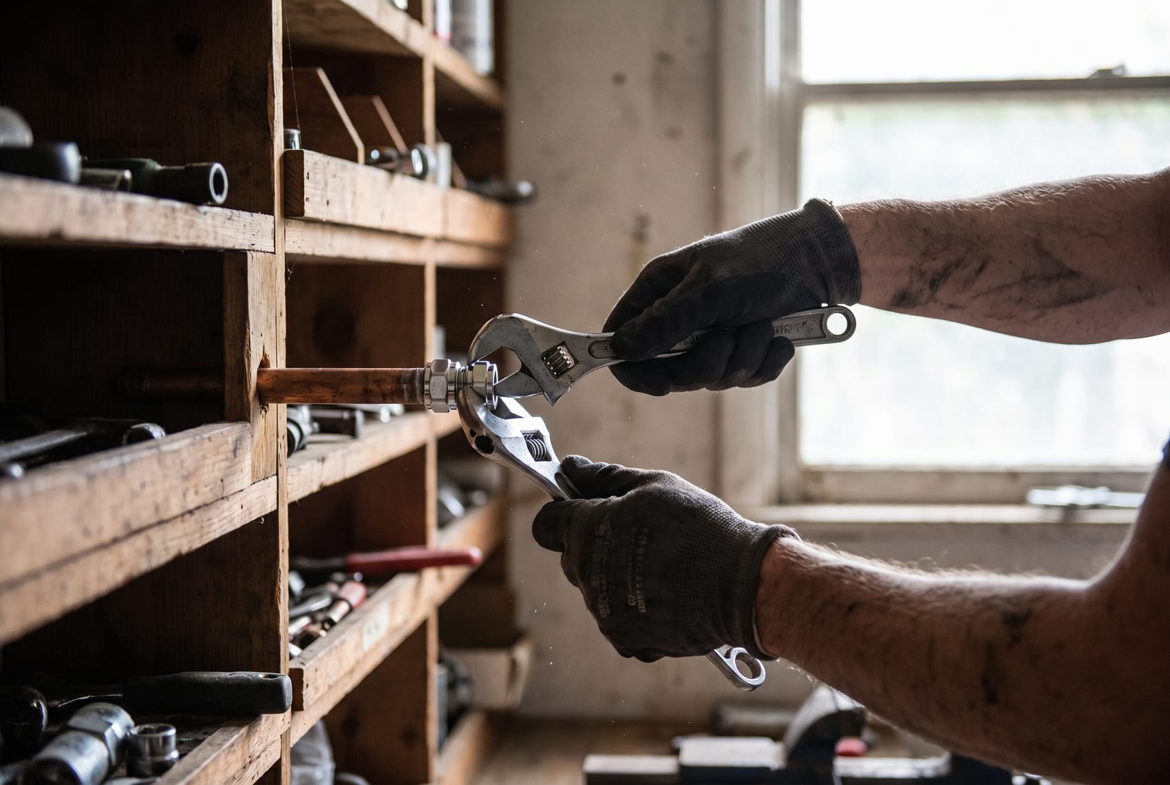 A plumber fitting a copper pipe with care