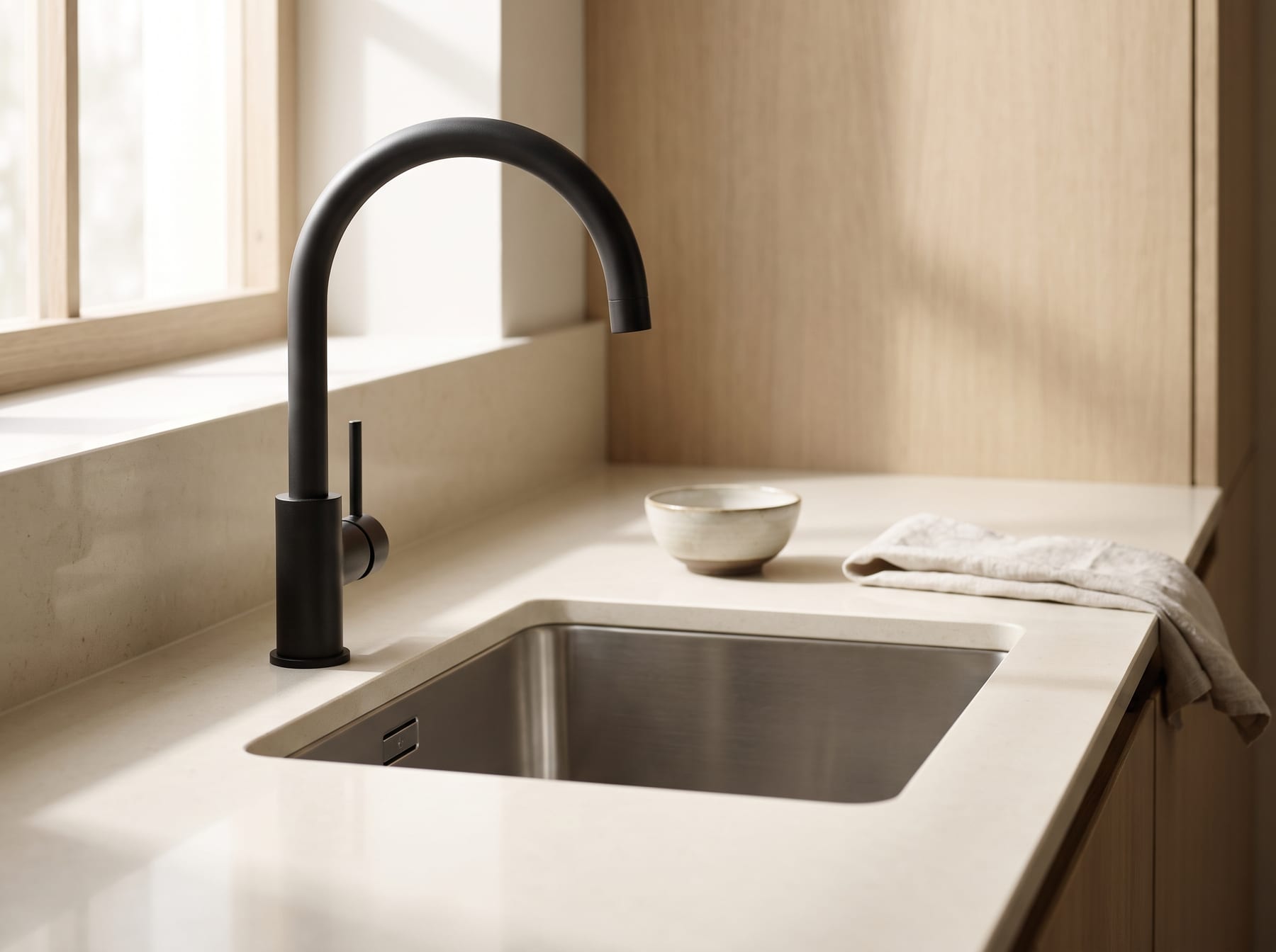 A modern kitchen tap and sink